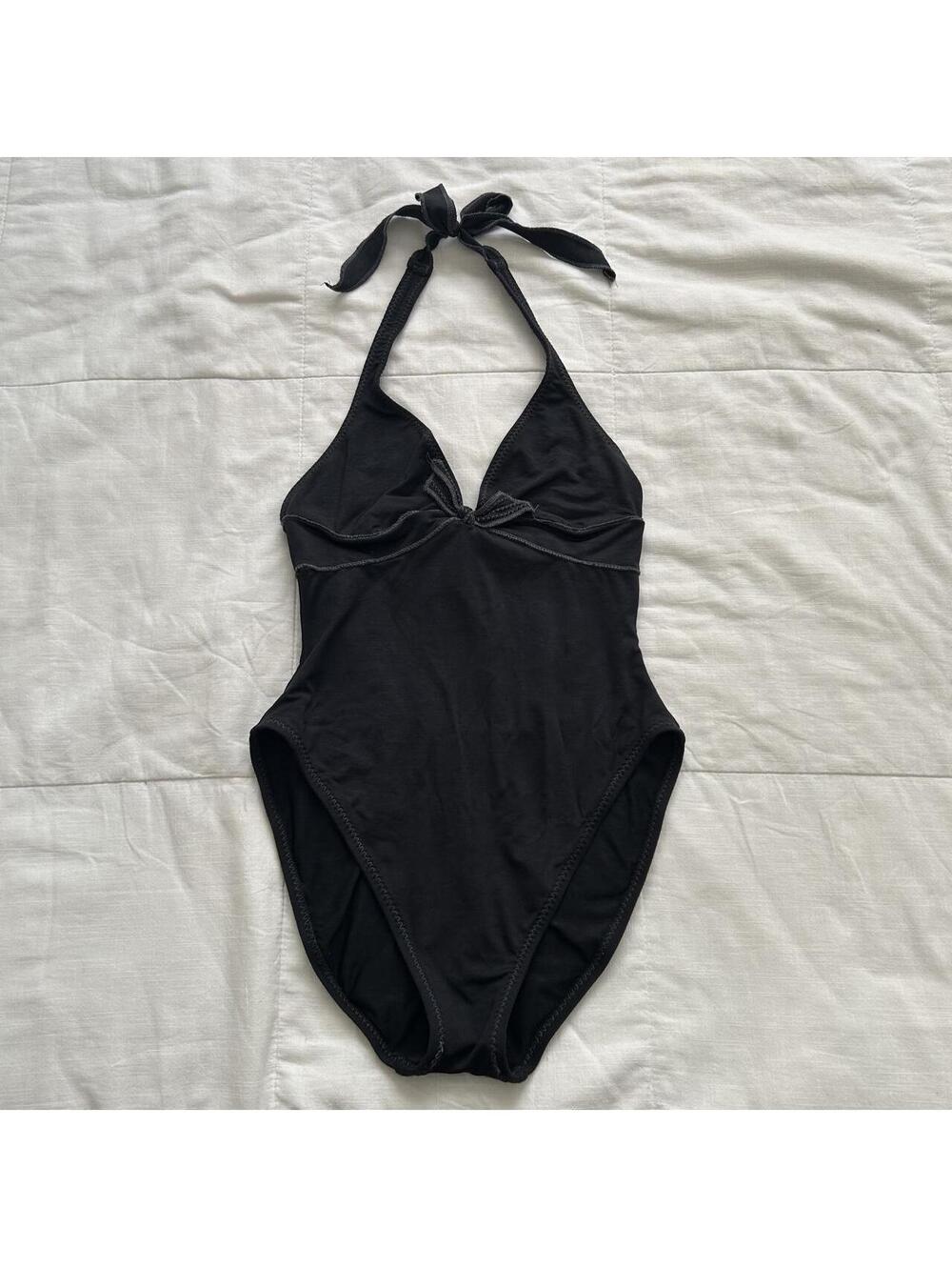 BECCA Black Halter One Piece Swimsuit Plunge Knot Front Size Medium